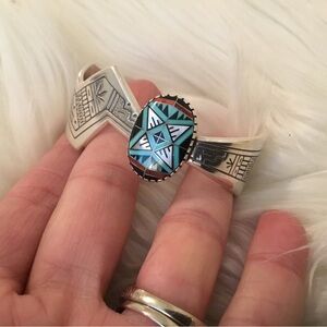RMT Roderick Tenorio Navajo Kewa Sterling Morning Star Inlay Cuff Bracelet